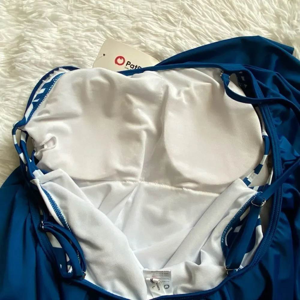 Patpat One Piece Swimsuit Blue‎ White Striped Ruffle Top Open Sides Womens Large